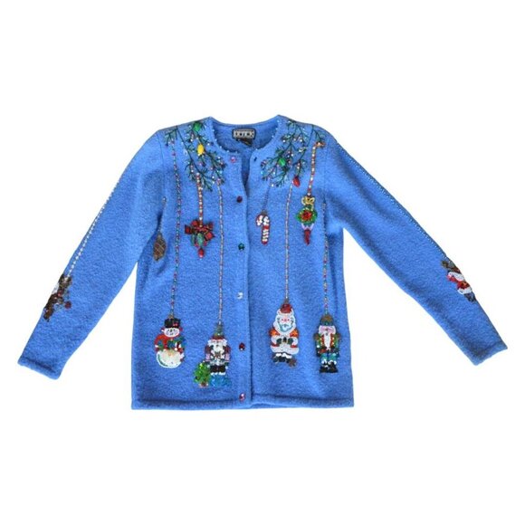 Vintage Berer By Takako Sakon 90s 3D Sequin Wool Blend Blue Holiday Cardigan Wom - Picture 5 of 16